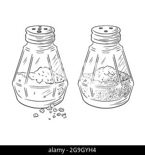 Salt and Pepper Shakers Engraved Illustration. Hand drawn glass jars cooking spices vector sketch in vintage style for logo, recipe, menu, emblem, food prints, labels, stickers Stock Vector