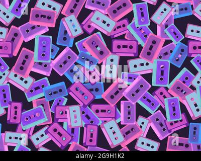 Cassette tapes seamless pattern. Gradient music cassettes for music tape recorders of the 70s - 90s. Design for promotional items, banners and wrappin Stock Vector