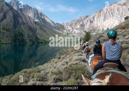 You can ride a horse at the pack station by Convict Lake in Mono County, CA, USA, which gives you wonderful views of the mountains. Stock Photo