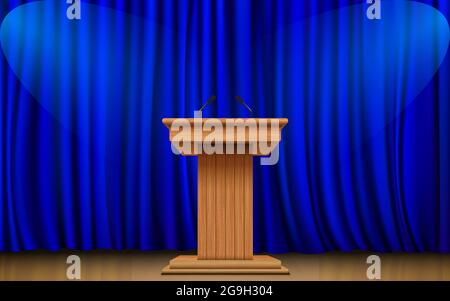 wooden announcement podium and blue curtain on the stage Stock Vector