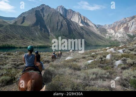 You can ride a horse at the pack station by Convict Lake in Mono County, CA, USA, which gives you wonderful views of the mountains. Stock Photo