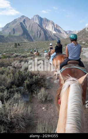 You can ride a horse at the pack station by Convict Lake in Mono County, CA, USA, which gives you wonderful views of the mountains. Stock Photo