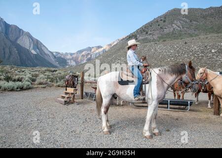 You can ride a horse at the pack station by Convict Lake in Mono County, CA, USA, which gives you wonderful views of the mountains. Stock Photo