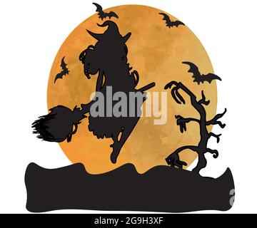 Halloween background. Young witch flying on a broomstick on the background of a full moon above cemetery Stock Vector