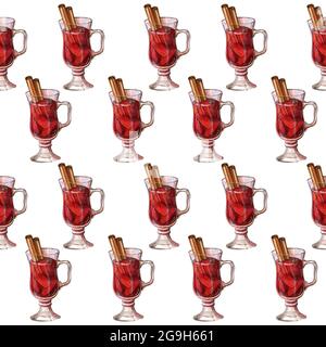 Mulled wine glass watercolor seamless pattern Stock Photo