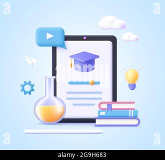 Concept of mobile learning, e-learning and online courses application. Education and back to school. 3d realistic vector illustration. Stock Vector