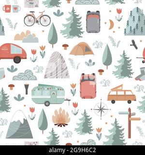 Hand drawn seamless pattern with summer camping equipment. Trailers, mountains, trees, and tourist objects in Scandinavian style. Cartoon vector Stock Vector