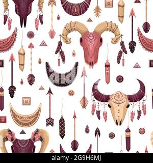 Vector seamless pattern with boho illustrations. Bohemian background in the flat style. Stock Vector