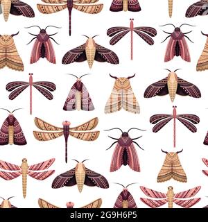 Vector seamless pattern with boho moths and dragonflies. Stock Vector