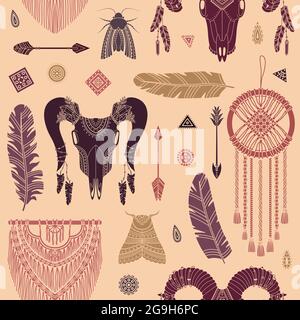 Vector seamless pattern with boho illustrations. Bohemian background in the simple style. Stock Vector