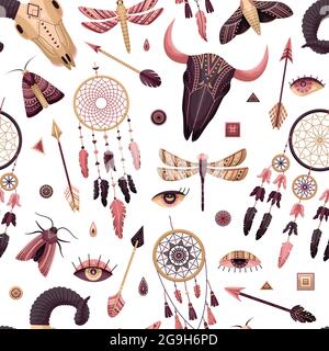 Vector seamless pattern with boho illustrations. Bohemian background in the flat style. Stock Vector