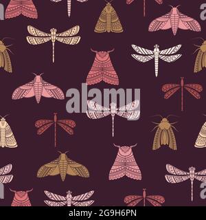 Vector seamless pattern with moths and dragonflies. Boho style background. Stock Vector