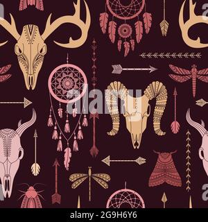 Vector seamless pattern with boho illustrations. Bohemian background in the simple style. Stock Vector