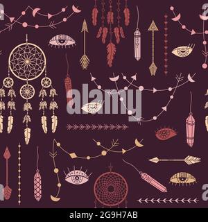 Vector seamless pattern with boho illustrations. Bohemian background in the simple style. Stock Vector