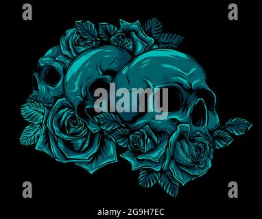 human skulls, bouquet of flowers. vector illustration Stock Vector