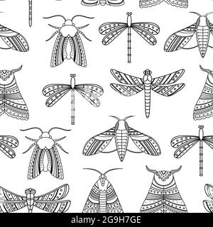 Vector seamless pattern with boho moths and dragonflies. Outlines Stock Vector