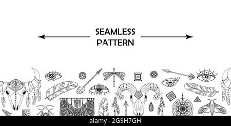 Horizontal vector seamless pattern with boho elements. Stock Vector