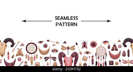 Horizontal vector seamless pattern with boho elements. Stock Vector