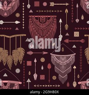 Vector seamless pattern with boho illustrations. Bohemian background in the simple style. Stock Vector