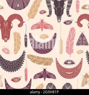 Vector seamless pattern with boho illustrations. Bohemian background in the simple style. Stock Vector