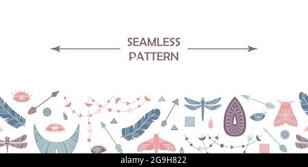 Horizontal vector seamless pattern with boho elements. Stock Vector