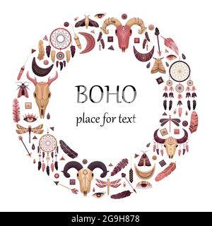 Vector illustration with boho elements. Round template with a place for text. Animal skull, dreamcather; arrows and feathers. Stock Vector