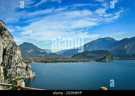 landscape view from ponale street, Riva del Garda, garda lake,  to cliff, blue sky, mountain peaks Stock Photo