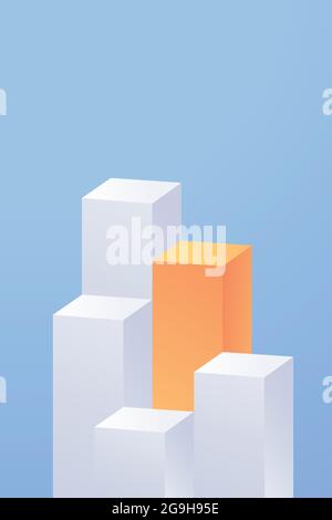 Vector illustration with empty platforms in minimal style White cube product stands on light blue background Stock Vector