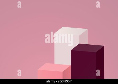 Geometric podium Vector illustration with copy space Three colorful cube stage platforms on pink background Stock Vector