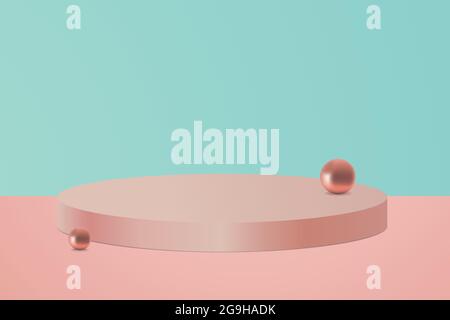 Advertising platform Vector illustration in minimal style Oval showcase and gold balls on pastel turquoise and pink backdrop Stock Vector