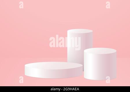 Round platform Vector illustration with copy space White blank product stand on pink pastel background Stock Vector