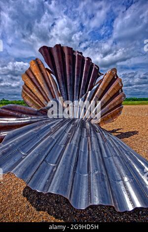 The Benjamin Britten Scallop Shell tribute memorial on the beach at Aldeburgh, Suffolk, England. Stock Photo