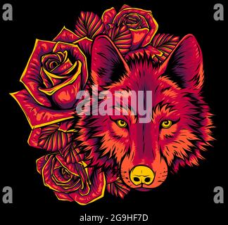 Wolf with roses artwork illustration vector art Stock Vector
