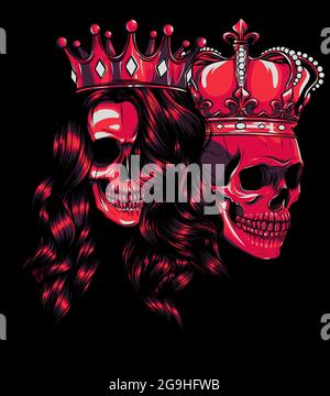 Skulls King and Queen vector. Love skull couple. illustration Stock Vector