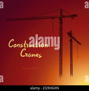 Tower construction cranes. Hand drawn vector illustration isolated on white background. Stock Vector