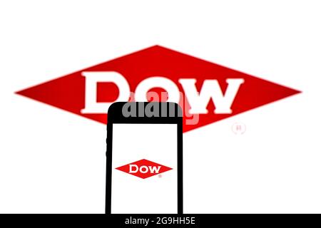 July 20, 2021, Spain: In this photo illustration a Dow Chemical Company logo seen displayed on a smartphone with a Dow Chemical Company logo in the background. (Credit Image: © Thiago Prudencio/SOPA Images via ZUMA Press Wire) Stock Photo