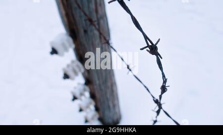 Electric fence with barbed wires in AUSCHWITZ-BIRKENAU former German Nazi's largest concentration and extermination camp. Winter season. Snow-covered landscape. Stock Photo