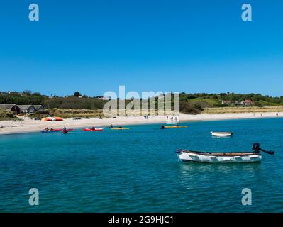 Boats moored at Par Beach, Higher Town, St Martin's, Isles of Scilly, Cornwall, England, UK. Stock Photo