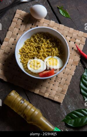 Food photography background instant maggi noodles. Close up, selective focus. Stock Photo