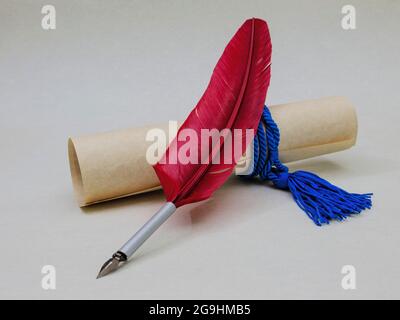 Ancient pen with a red feather resting on a parchment closed by a blue cord. Stock Photo