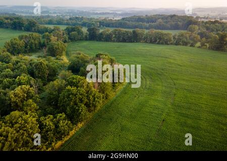 Drone aerial view of rural vista in Big Prairie, Holmes County, Ohio Stock Photo