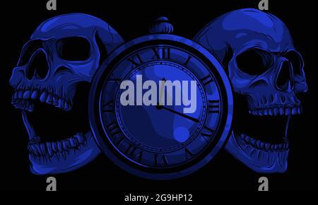 pocket watch with human skull. illustration line art. Stock Vector