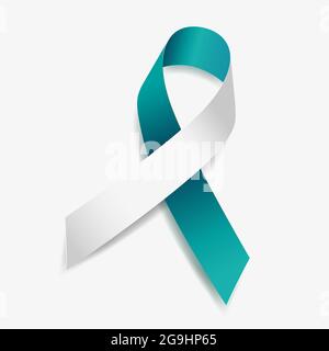 Teal and white ribbon awareness Cervical Cancer. Isolated on white background. Vector  illustration. Stock Vector