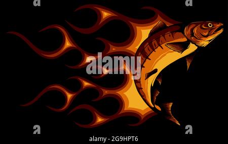 Jumping salmon fish with flames vector illustration Stock Vector