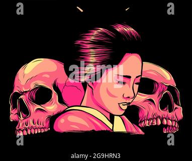 Geisha with skulls. Beautiful japanese girl. vector illustration design Stock Vector