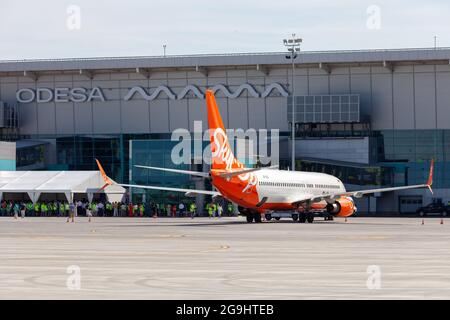 Ukraine, Odessa - July 16, 2021: Passenger aircraft Boeing 737-8Z0 SkyUp Airlines aircraft - UR-SQG at Odessa airport. Travel and flights. Stock Photo