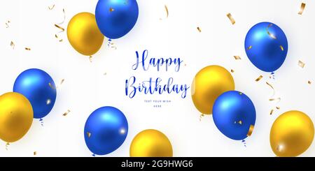 Elegant yellow golden blue ballon and party popper ribbon Happy Birthday celebration card banner template Stock Vector