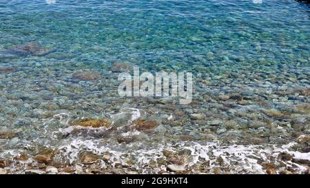 Fresh summer background - sand and pebbles under transparent sea water. Blurred image due to water movement. Copy space. Stock Photo