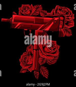 weapont Uzi with red roses vector illustration Stock Vector