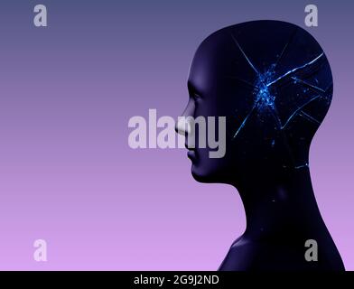 Abstract 3d render illustration of black glossy painted female face, profile view with broken glass texture on gradient background, mental health prob Stock Photo
